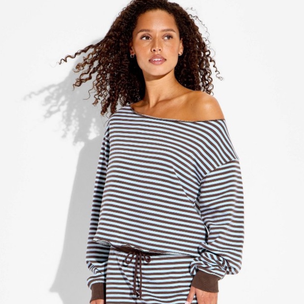 Wild Fable Brown and Blue Striped Off the Shoulder Sweatshirt Top